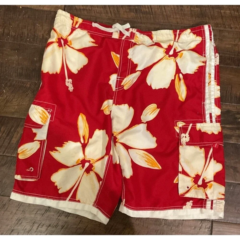 Red Floral Hawaiian Board Shorts with Cargo Pockets - Men's Swim Trunks 3xl